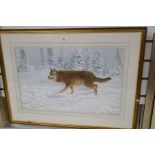 Terence Blam; a watercolour of Wolf in the snow and one other of a Wild Cat on rocks