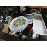 Three boxes of china glass and sundries to include wine glasses, plates, coloured glass bowls, Aynsl