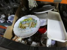 Three boxes of china glass and sundries to include wine glasses, plates, coloured glass bowls, Aynsl