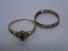 9ct yellow gold floral design dress ring, marks worn and 9ct eternity ring AF, 2.8g gross