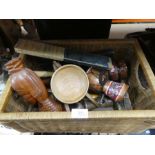 Box treen to include drums, figures, bowls, trays and screen, etc