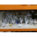 Selection of cut glass drinking glasses, including Brandy, Sherry, etc, plus a box of mixed china pl