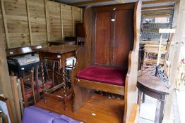 Wooden church style pew with  red cushion seat and an occasional table on barley twist supports AF