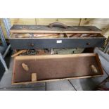 Two green metal cartridge for weapons storage trunks, wooden lathe and a black wooden tool case with