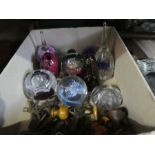 A box of paperweights and clock keys, and a box of collectables to include cutlery, silver plate, re