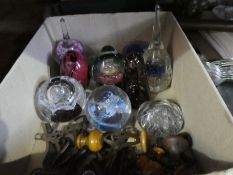 A box of paperweights and clock keys, and a box of collectables to include cutlery, silver plate, re