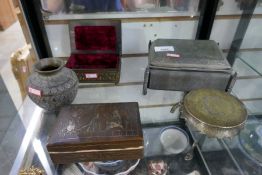 Three metal Middle Eastern boxes, two with fur lining, a vase and pot stand, etc