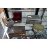 Three metal Middle Eastern boxes, two with fur lining, a vase and pot stand, etc