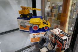 Dinky Coles Mobile Crane, Dumper Truck and Tri-ang Priestly Grab in good condition in fair to good o