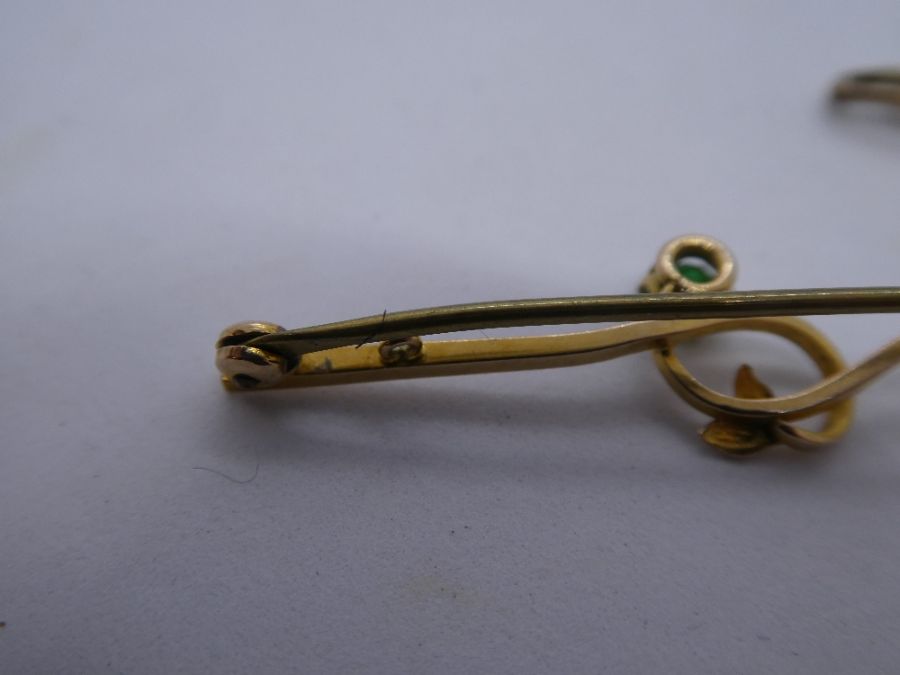 9ct yellow gold bar brooch with an emerald, marked 9ct and another yellow metal example, set with a - Image 2 of 3