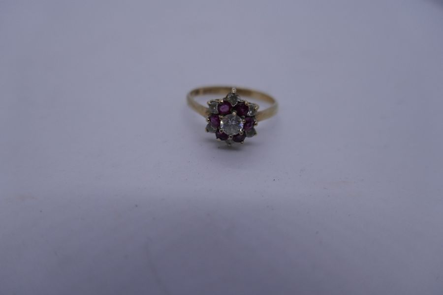9ct yellow gold ladies ruby and clear stone cluster ring, size O, marked 375, 2g