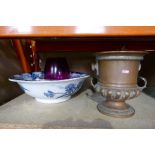 Small wooden barrels, one with brass taps, large floral bowl, coloured red glass, etc