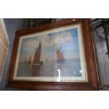 Alun Davies, a watercolour of Welsh cottage in landscape, signed and a print of boats in oak frame
