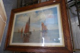 Alun Davies, a watercolour of Welsh cottage in landscape, signed and a print of boats in oak frame