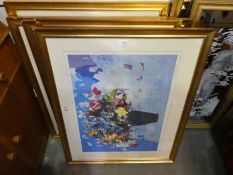 Six framed and glazed signed prints depicting flowers and water scenes, (limited editions)