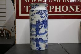 19th Century Chinese blue and white cylindrical vase decorated figures in landscape, 49cm