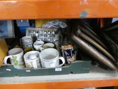 One box of pottery mugs, thimbles, pictures and a wooden folding chair
