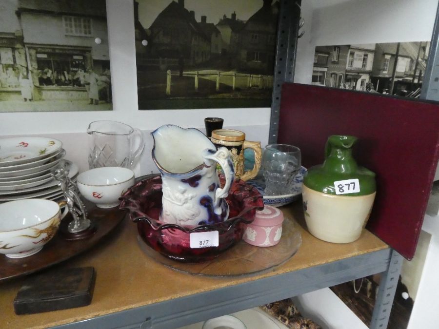 Lazy Susan, oriental tea ware, Cranberry glass bowl, jugs, etc