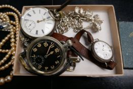 A silver pocket watch on chain, another, a silver charm bracelet, three vintage watches, etc