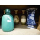 Four glazed vases, one depicting robins, etc