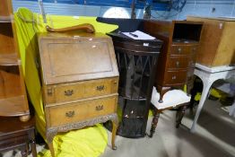 Small ladies bureau, bow front glazed corner cupboard, bedside chest and a chair
