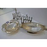 Two silver toast racks, a Mappin and Webb silver bon bon dish, and a Britannia silver 1953 with the
