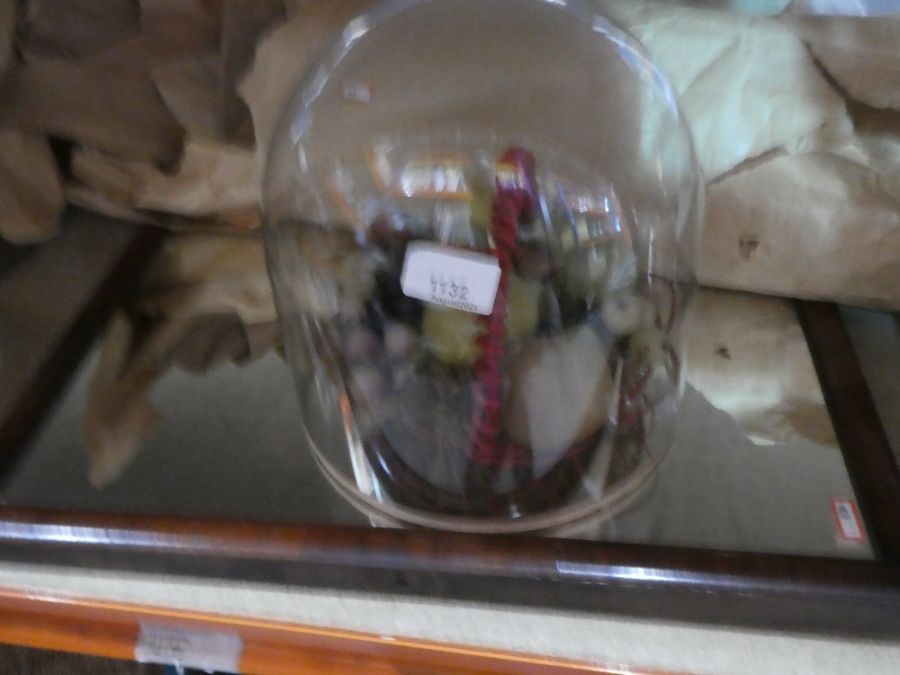 Vintage mirror, a dome covered fruit, etc