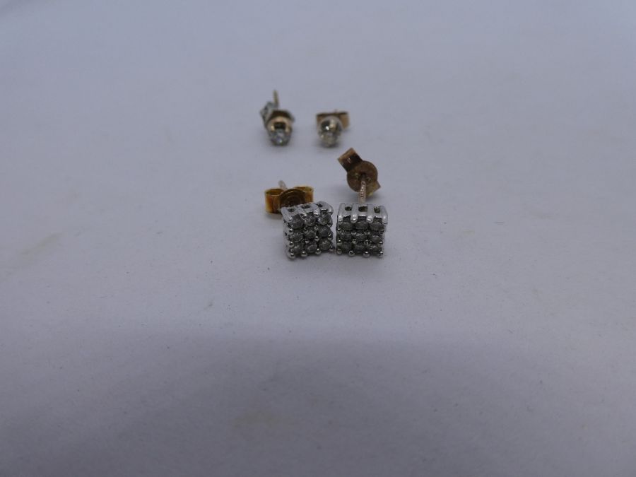 Pair of 9ct yellow gold diamond chip square cluster earrings and unmarked gold pair of diamond studs - Image 3 of 3