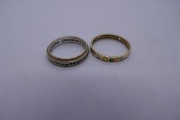 Two 9ct yellow gold bands inset with stones, sizes M & P, both marked 375, 4.6g approx