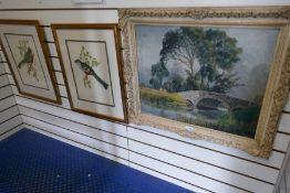 A mid century oil painting of river bridge in landscape monogrammed FW the reverse bearing Harrods l