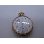 9ct yellow gold 'Waltham' pocket watch with enamel dial and blue hands, winds and ticks, marked 375,