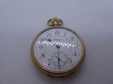 9ct yellow gold 'Waltham' pocket watch with enamel dial and blue hands, winds and ticks, marked 375,