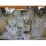 Drinking glasses to include tumblers and wine, decanters, vases and a quantity of Portmeirion 'Botan