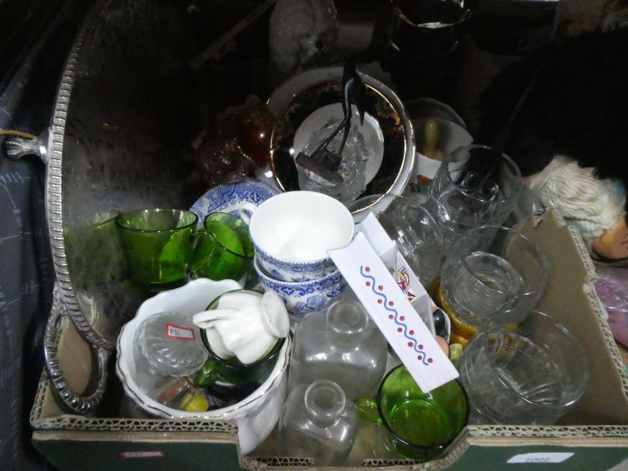 A suitcase and one box full of china, glass, sundries to include glasses, cups, butter dish, picture - Image 3 of 4