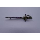 Victorian brooch in the form of a sword inset with 11 amethyst and seed pearls, marked 900, 6cm