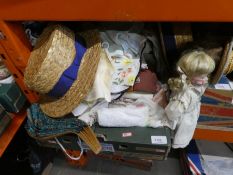 A selection of vintage lace and linen tablecloths etc and a straw boater