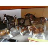 A Selection of model horses drawn carts together with china shire horses etc