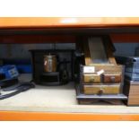Small wooden dressing table box with mirror insert and another box tobacco jar and pipe