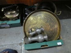 Two trays of vintage brassware to include trays, bowls, kettle and small quantity of pewter