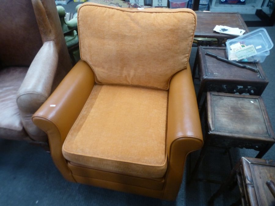 A modern orange leather and fabric armchair - Image 2 of 9