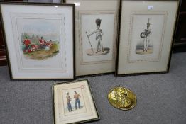 A round brass plaque of Napoleon and three Military coloured prints (4)