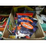 Small box of boxed children's toys to include Captain Scarlett plane, Smurfs, Fire Red, Thunderbirds