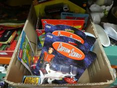 Small box of boxed children's toys to include Captain Scarlett plane, Smurfs, Fire Red, Thunderbirds