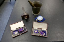 Two silver Masonic medals, an antique carpenters scribe marking guage Stamped Bullock and sundry