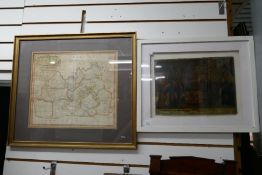 A framed map of Surrey, part of Sussex and a white framed print of the representation of the body of