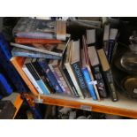 Selection of hardback books, biographies, etc, brassware and decanters