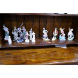 Two Royal Worcester figures 'April' and 'July', two German figures and others (a shelf)