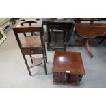 A mahogany tabletop revolving bookcase and an antique mahogany washstand having one drawer