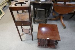 A mahogany tabletop revolving bookcase and an antique mahogany washstand having one drawer