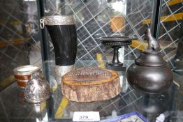 A horn beaker having silver metal mount, a miniature marble Tazza and sundry